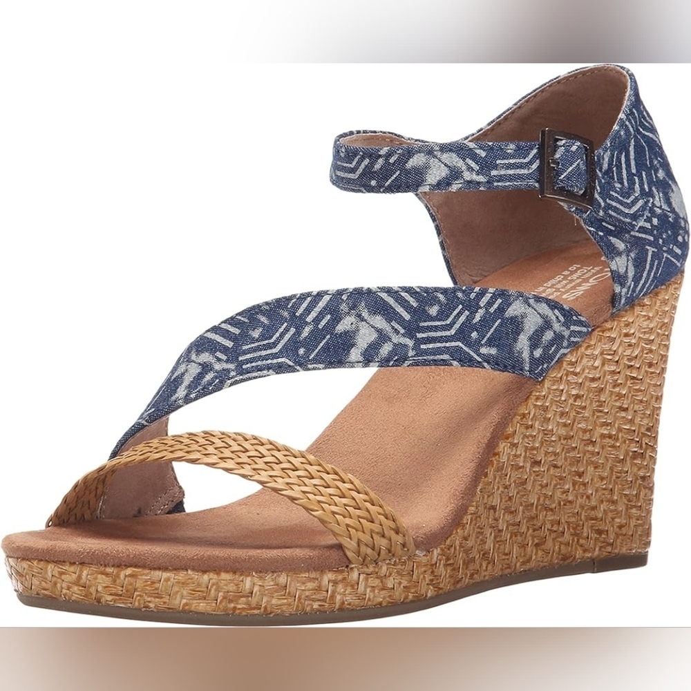 Toms Clarissa Rafia Blue Batik Wedge Heel Ankle Strap Sandals Sz 9.5 New